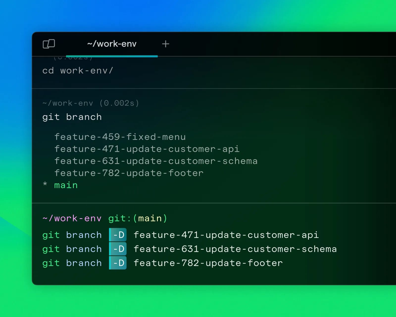 Screenshot of the Warp terminal displaying Git branch commands. The terminal lists branches such as 'feature-471-fixed-menu' and 'feature-782-update-footer', with the 'main' branch highlighted.