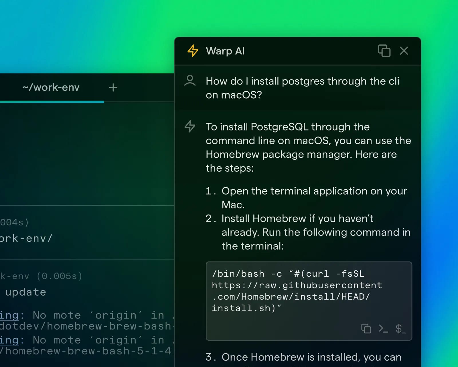 Screenshot of the Warp terminal showing a split view. The left side displays terminal commands, while the right side shows a Warp AI assistant providing instructions on installing PostgreSQL through the terminal on macOS.