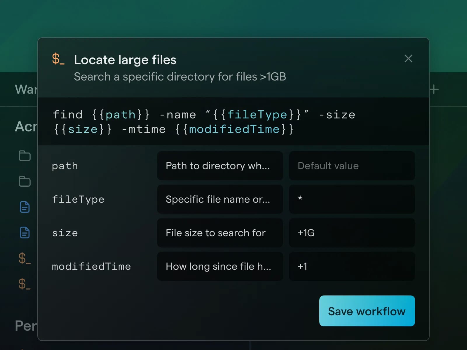 Screenshot of the Warp terminal displaying a workflow for locating large files. The interface includes fields for specifying path, file type, size, and modification time, with a sample command structure shown.